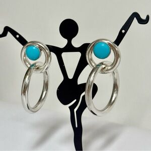 Sterling Silver Turquoise Drop Hoop Earrings – Signed “S H”